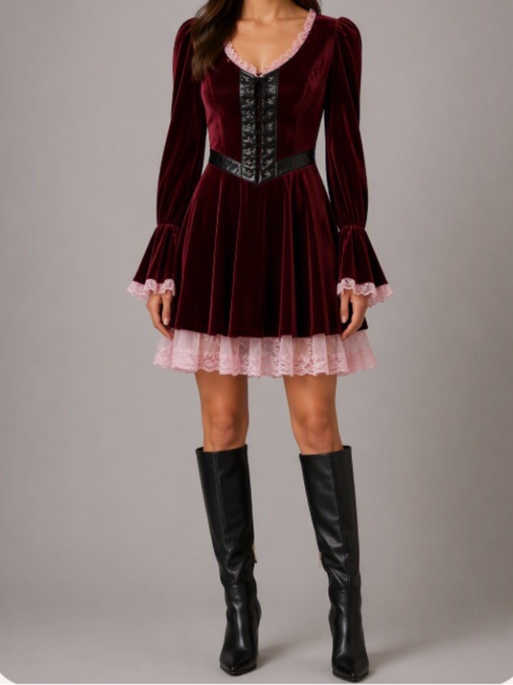 Velvet Lace-Trim Dress in Burgundy with Pink Lace Pirate/Steampunk Costume